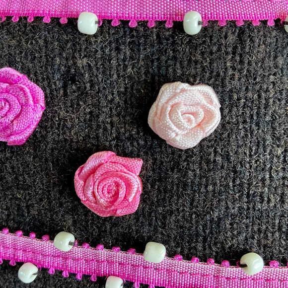 Brown Cardigan Sweater Wool Pink Rose Appliques Beaded (M) - Picture 8 of 8